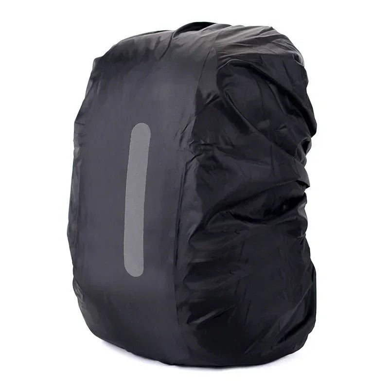 All-weather waterproof backpack cover with reflective strips, perfect for outdoor activities & urban commuting.