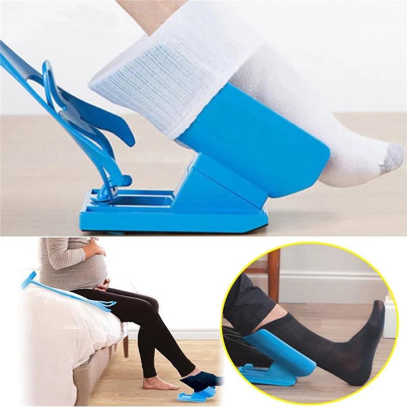Limited mobility sock aid for elderly & disabled. Easy dressing tool helps put on socks without bending, ideal for back pain.