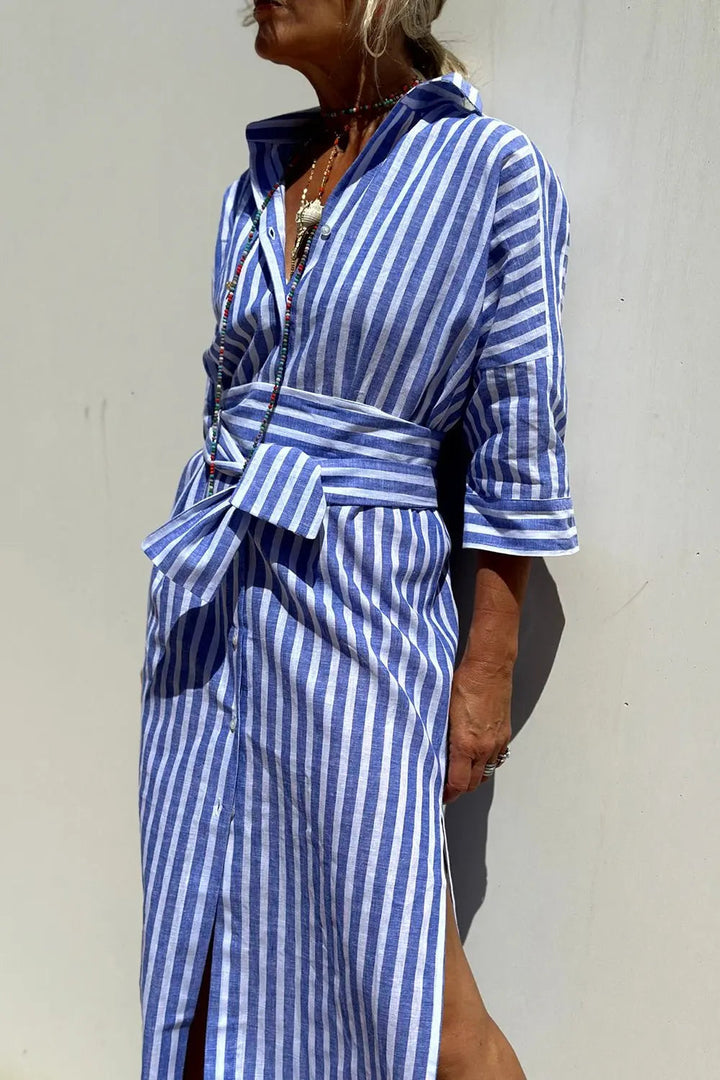 Chic striped midi shirt dress for women, featuring a button-down design, perfect for autumn winter layering.
