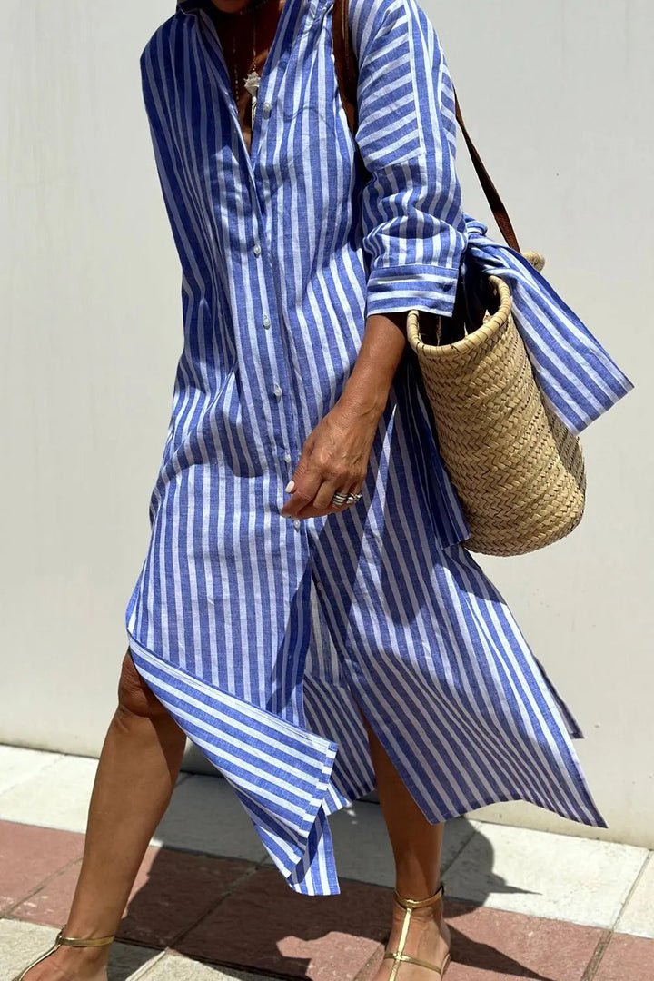 Versatile women's striped midi dress, a button-down collared style great for casual wear and layering.
