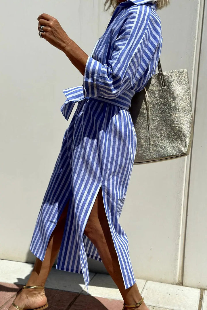Striped button-down midi shirt dress, a relaxed fit women's fashion piece for comfortable everyday layering.
