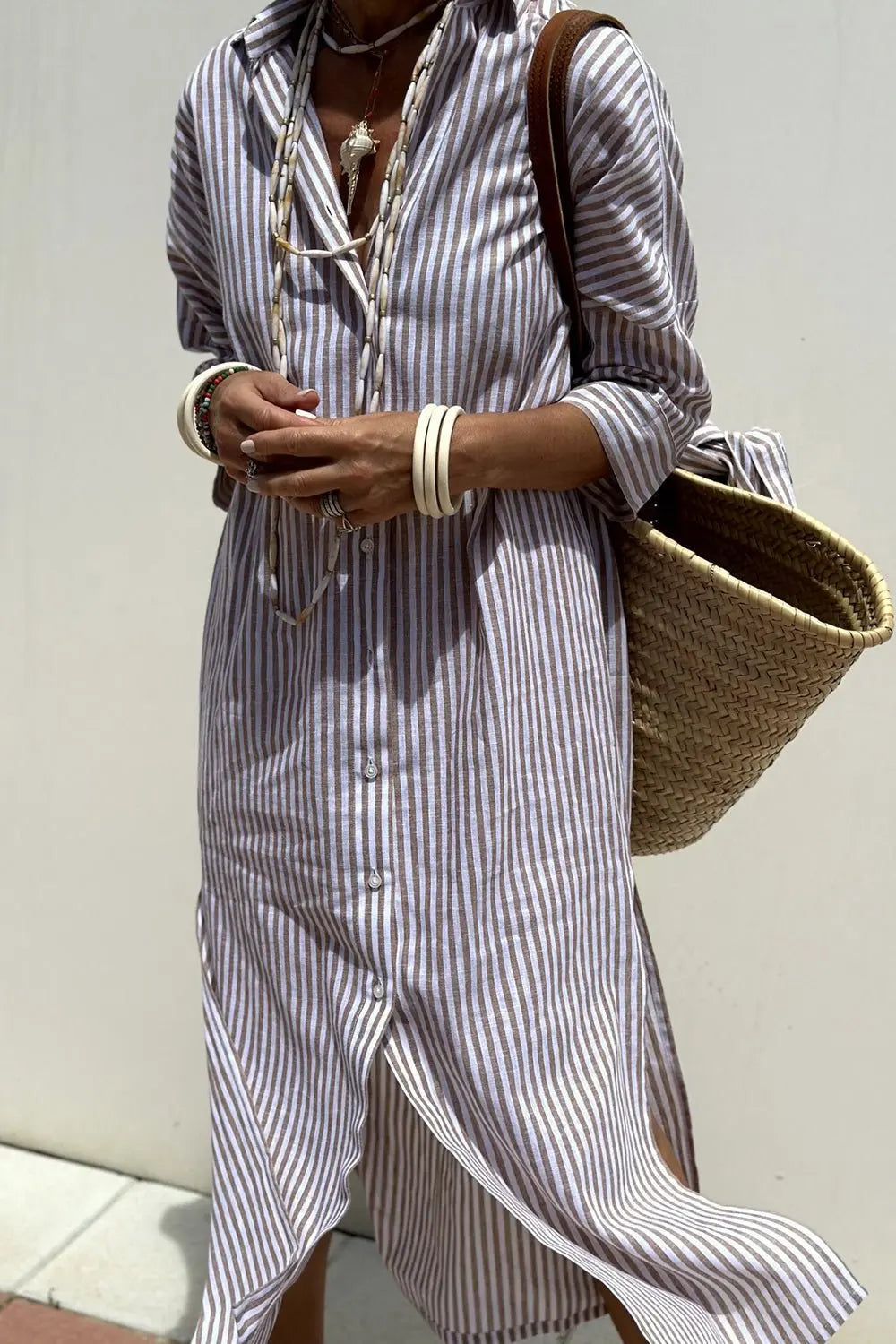 Autumn winter women's striped midi shirt dress, a stylish button-down for chic casual layering.