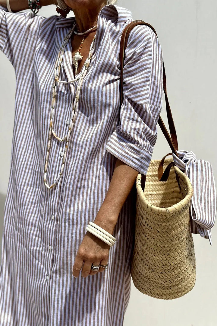 Everyday women's striped collared midi dress, a button-down style offering relaxed fit and versatile layering.