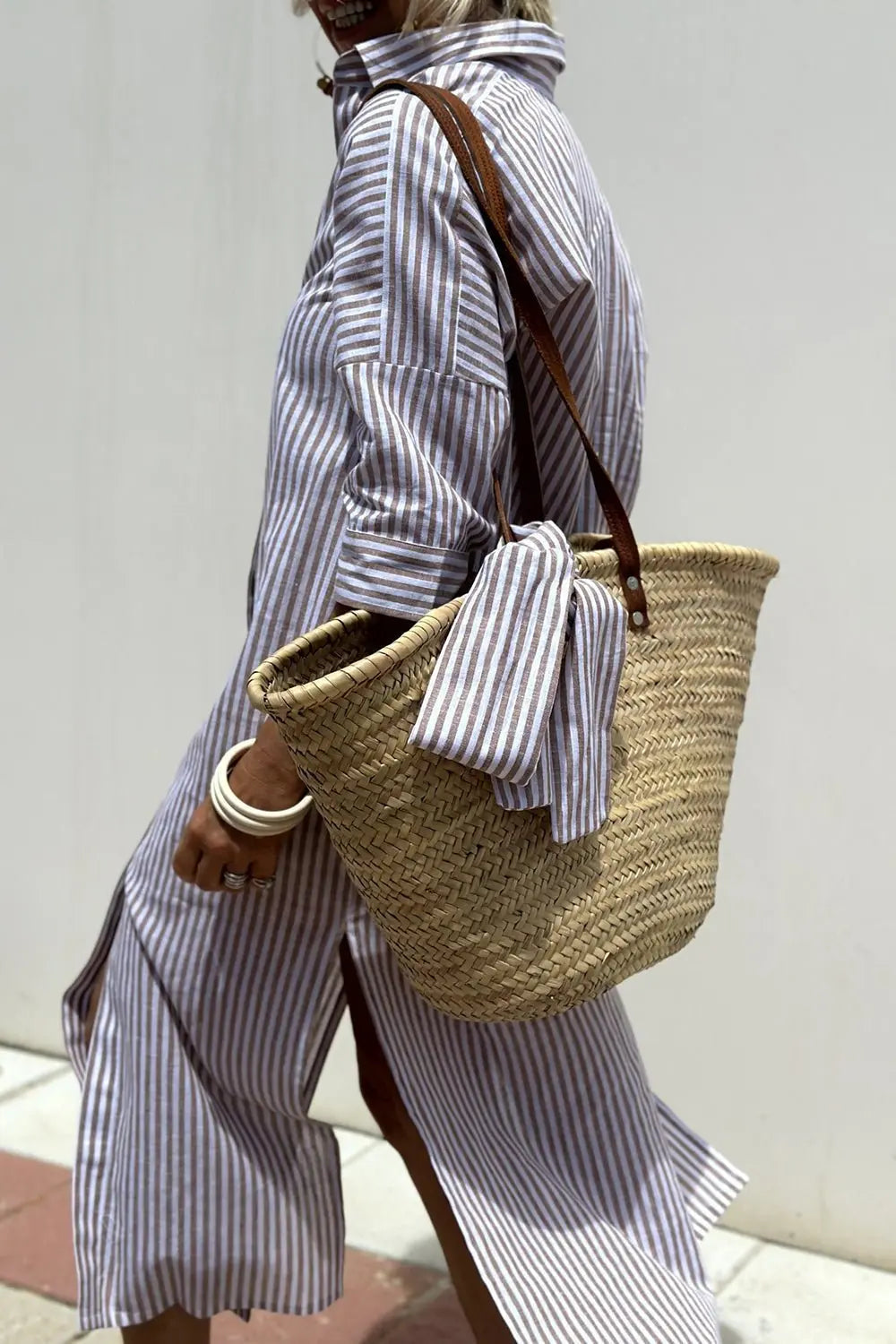 Women's Striped Button-Down Midi Shirt Dress, designed for versatile layering and casual autumn winter fashion.