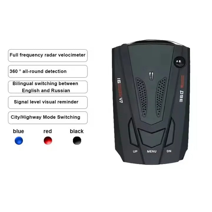 Vehicle long-range radar detector mounted on windshield, providing driver assist for speed traps & safety.