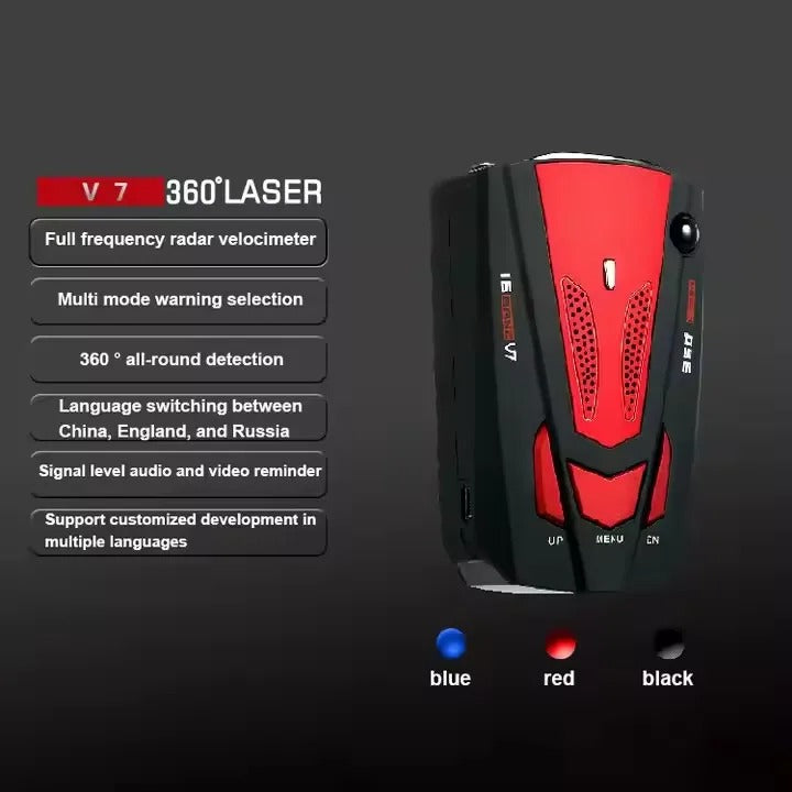 Close-up of a sleek red & blue long-range radar detector with clear display for car safety & speed trap alerts.