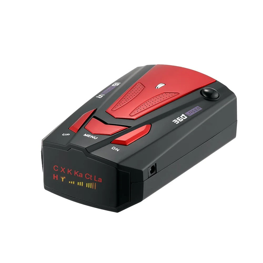 Driver's view of a long-range radar detector, an auto electronic gadget for enhanced vehicle safety & road awareness.