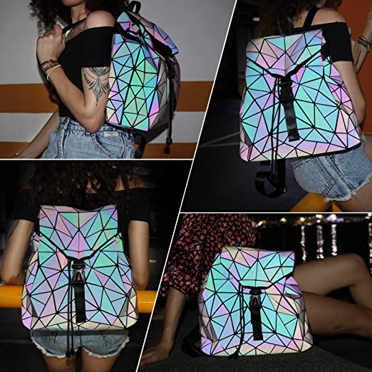 Unique women's backpack with a luminous, reflective, and geometric color-changing design.