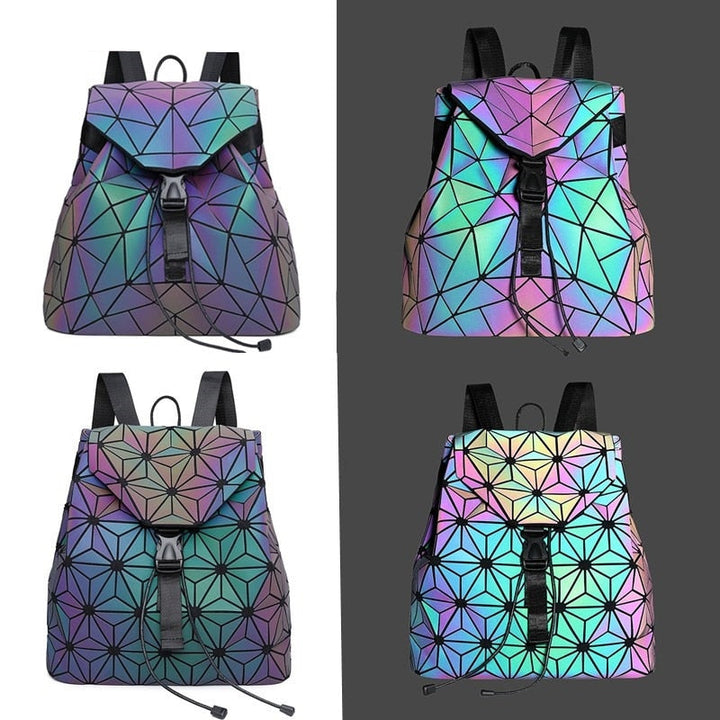 Women's stylish waterproof backpack, luminous geometric, reflective for a unique fashion statement.