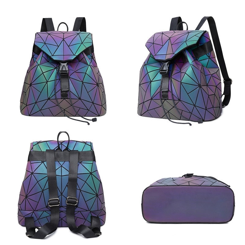 Geometric reflective luminous backpack, women's fashion accessory, color-changing & unique.