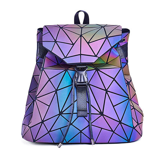Unique women's geometric reflective backpack, luminous & waterproof, a stylish fashion accessory.