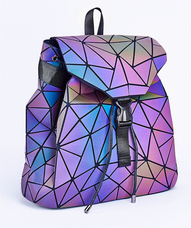 Women's reflective backpack with unique geometric pattern, luminous, stylish fashion accessory.