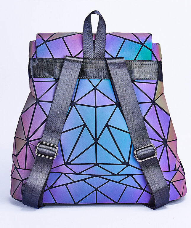 Color-changing women's backpack, geometric reflective design, unique and stylish accessory.