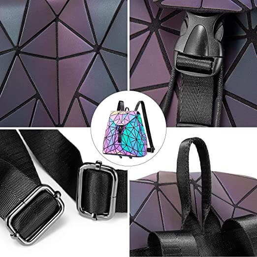 Geometric pattern reflective backpack, women's stylish accessory, luminous & unique.