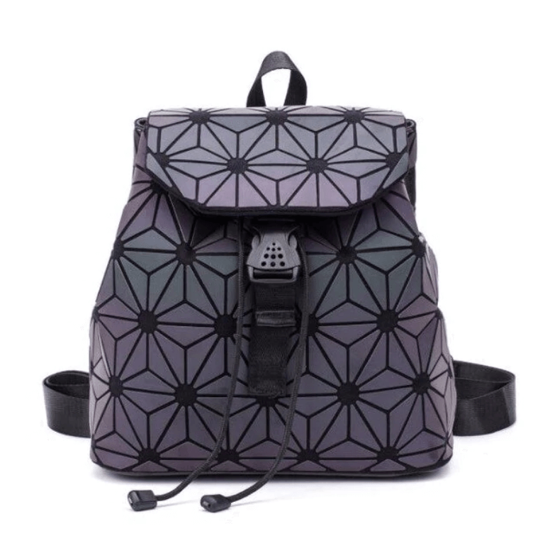 Unique geometric reflective backpack for women, luminous, fashion accessory, waterproof.