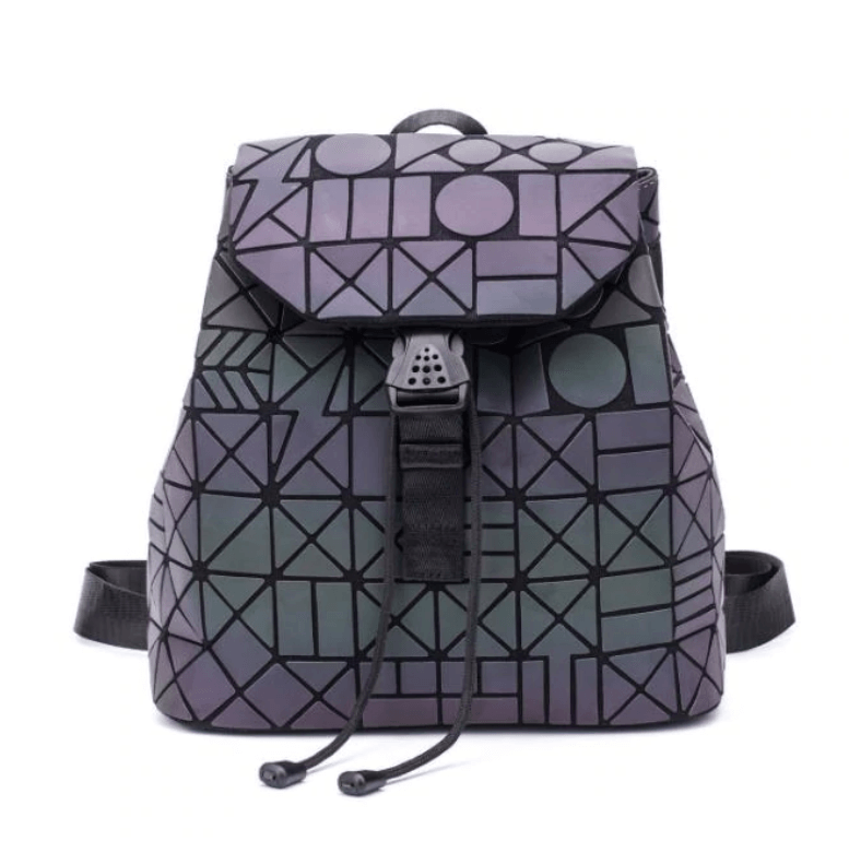 Women's fashion backpack featuring a unique geometric, luminous, and reflective design.