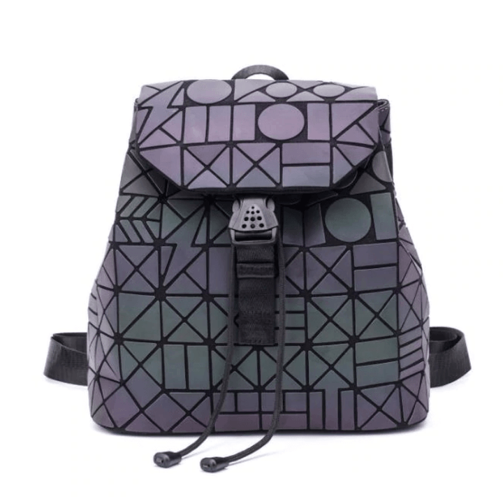 Women's fashion backpack featuring a unique geometric, luminous, and reflective design.