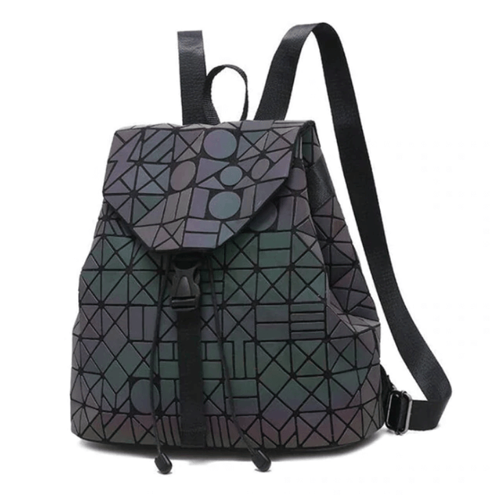 Waterproof women's luminous geometric backpack, color-changing, stylish & practical.