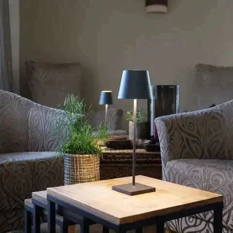 LumoGlow cordless table lamp, perfect for creating ambient lighting for dining or patios.
