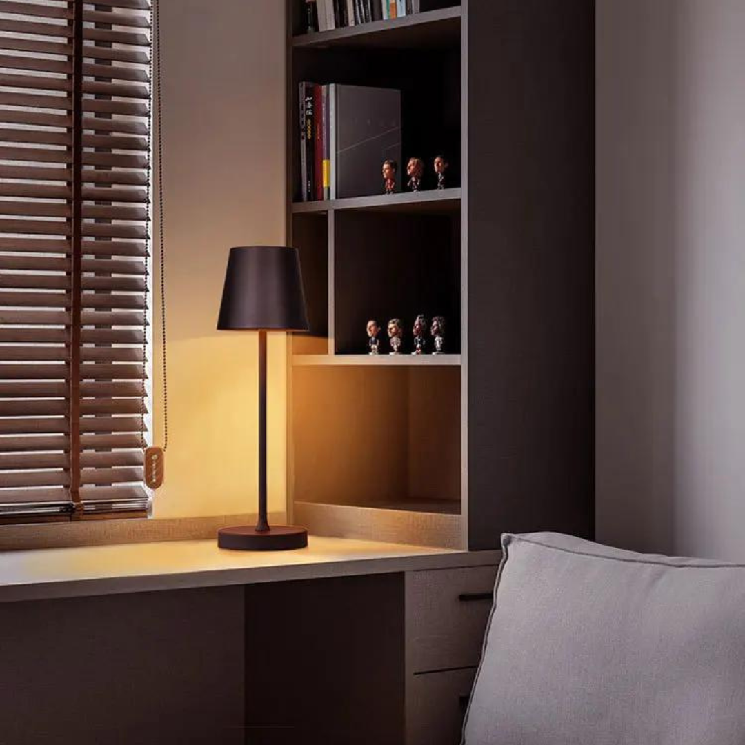 Dimmable LumoGlow LED table lamp with responsive touch control for ambient lighting.