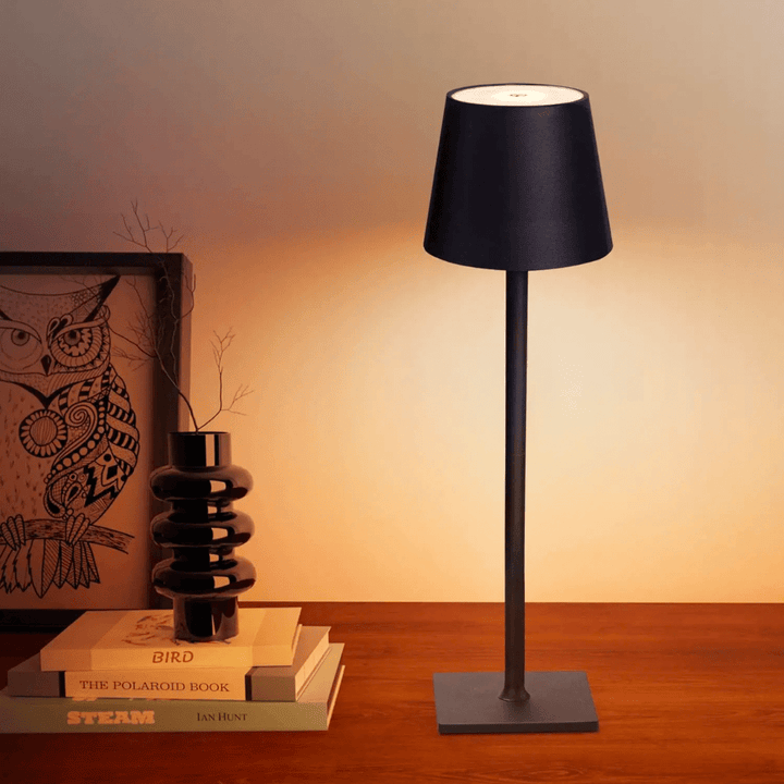 Sleek LumoGlow wireless desk lamp with touch control, providing bright, dimmable LED lighting.