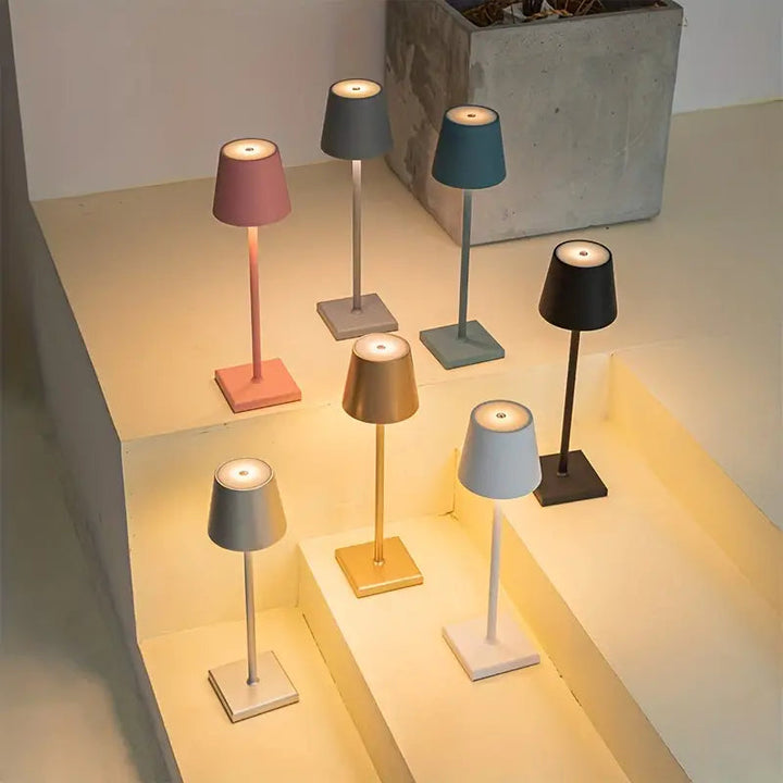 Modern LumoGlow wireless table lamp with sleek design, touch control & dimmable LED light.