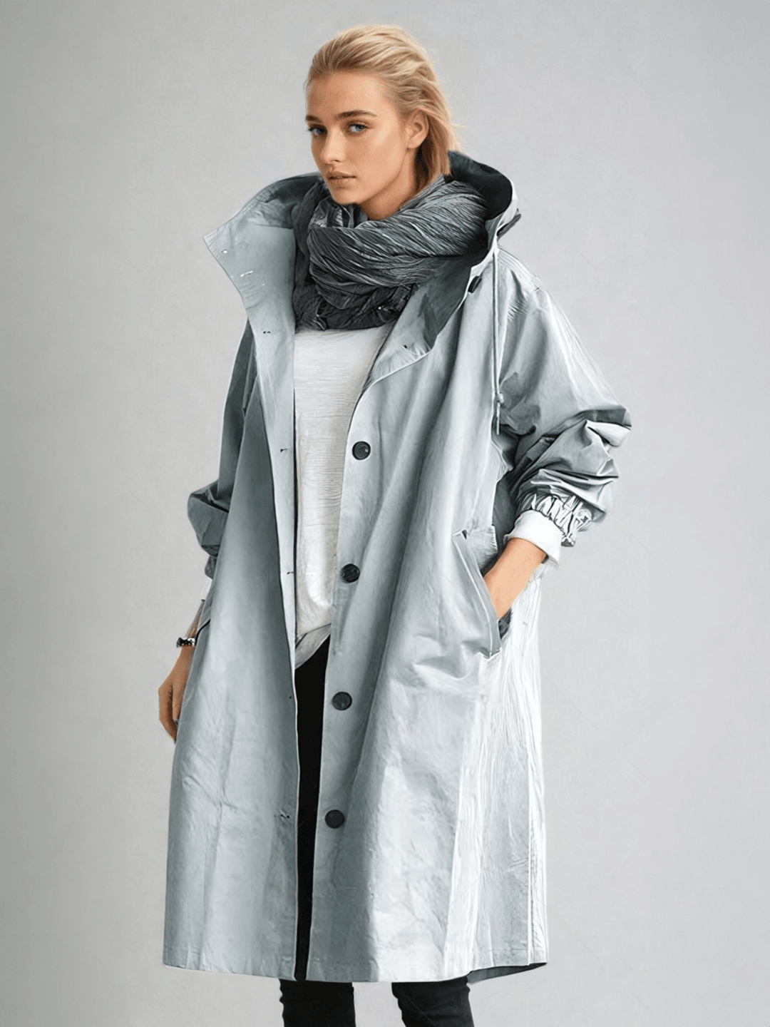 Woman wearing a stylish water-repellent trench coat. Elegant outerwear for transitional weather & chic fashion.