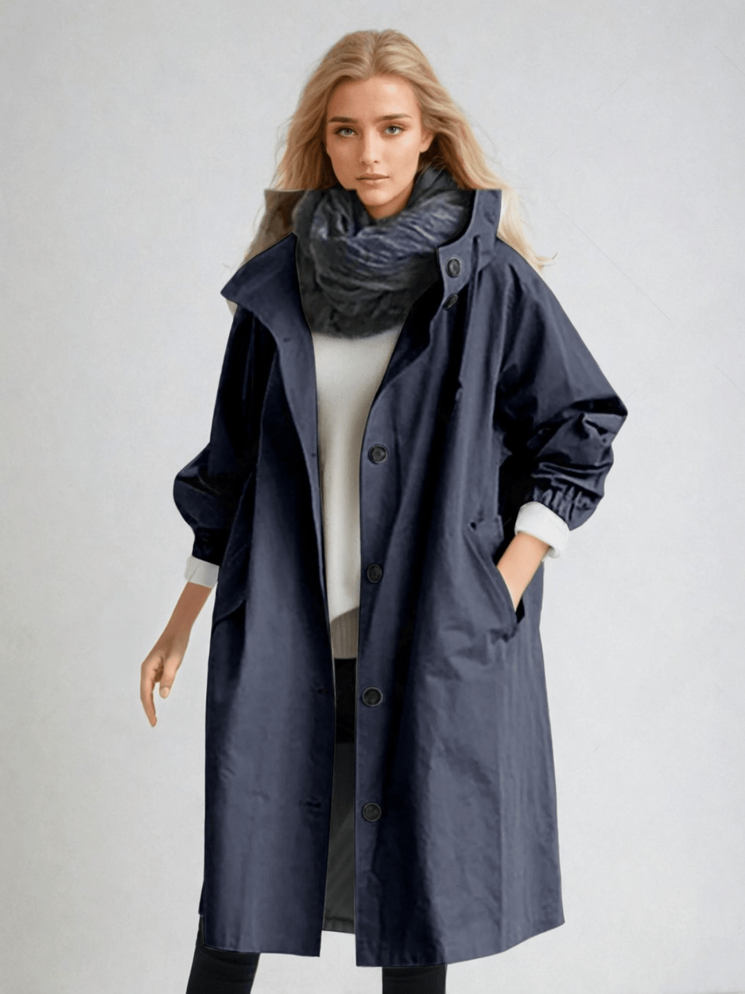 Versatile women's trench coat. Water-repellent, suitable for spring, fall & all-weather wear. Elegant & casual chic jacket.