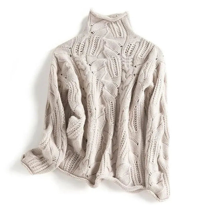 Soft women's blue cashmere turtleneck sweater, premium cable knit luxury.