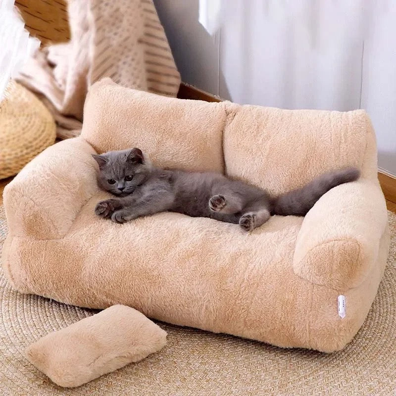 Luxurious brown Feline Luxury Cat Sofa Bed. A cozy, washable pet lounge for ultimate feline comfort & relaxation.