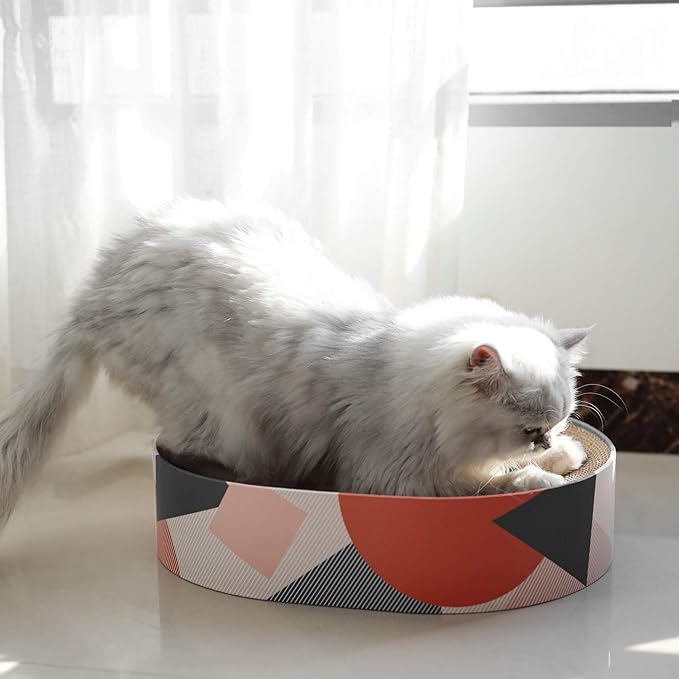 Stylish wood-look cardboard cat bed & scratcher; durable pet furniture for modern feline comfort and play.