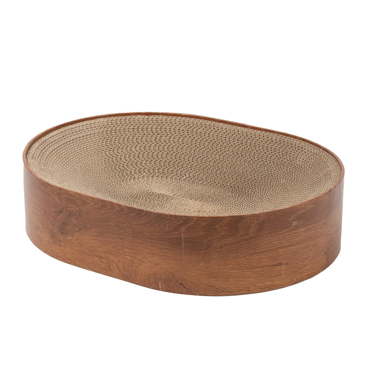 Eco-friendly cardboard cat scratcher bed with a modern wood look, perfect for feline rest, play & comfort.