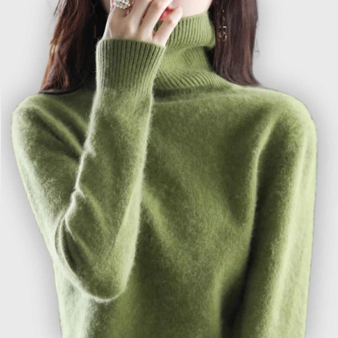 Women's elegant long-sleeve roll neck sweater. Comfortable and chic for winter fashion.
