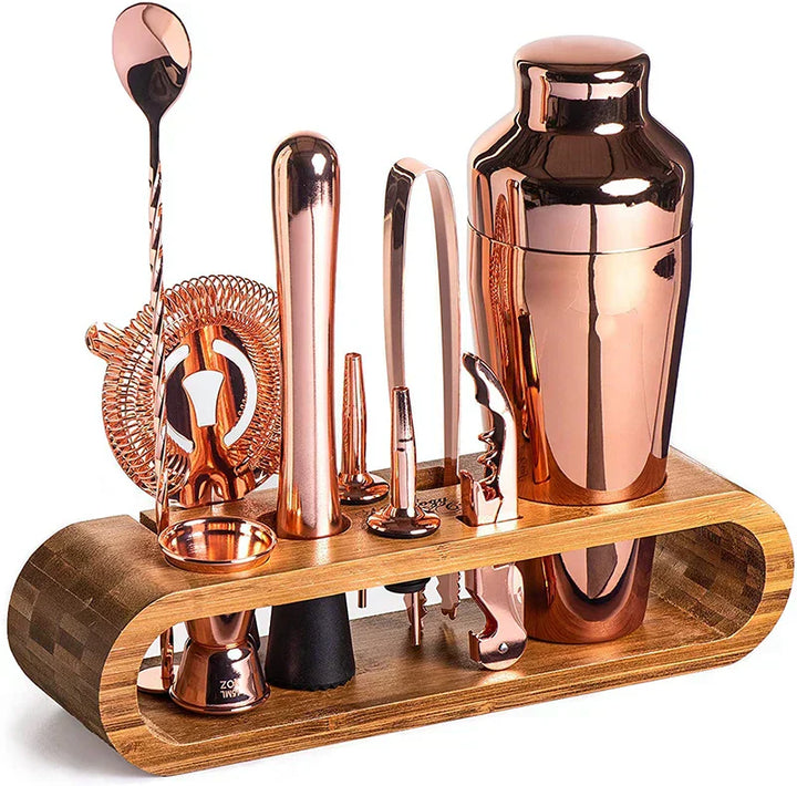 Luxury 10-piece metallic cocktail bar kit. Stainless steel mixology set for home bar.