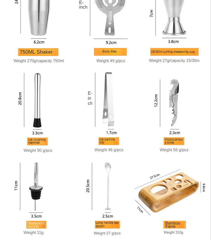 Stylish metallic bar kit complementing modern drinkware. 10-piece luxury cocktail set.