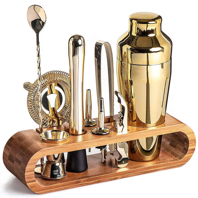 Sleek metallic cocktail shaker from 10-piece luxury mixology set. Perfect for home bartenders.