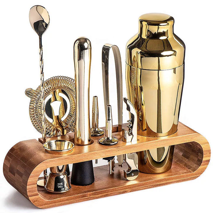 Sleek metallic cocktail shaker from 10-piece luxury mixology set. Perfect for home bartenders.