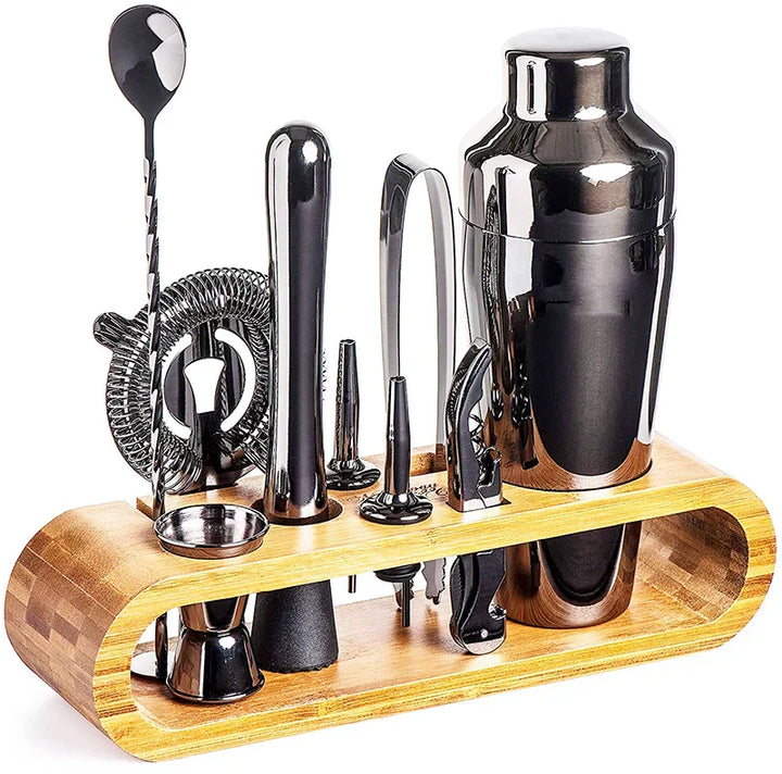 Variety of metallic bar tools: jigger, muddler, strainer. Luxury stainless steel for cocktails.