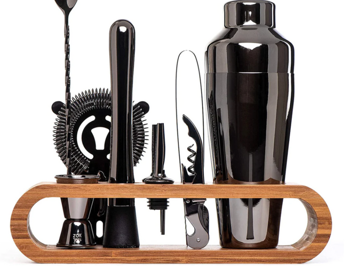 Professional-grade metallic mixology set for home. 10-piece luxury stainless steel bar kit.