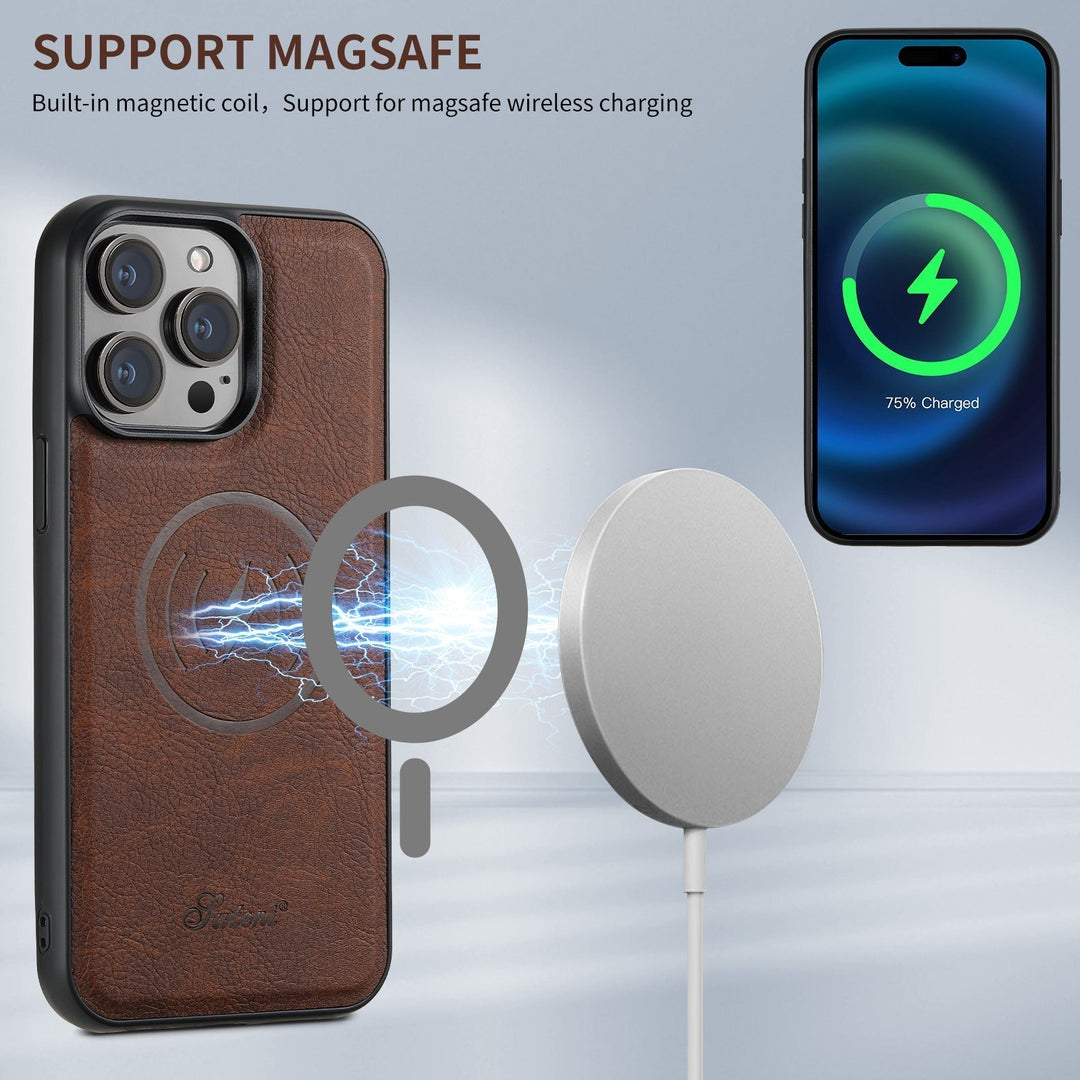 Luxury black leather iPhone case with card holder and magnetic stand, compatible with wireless charging