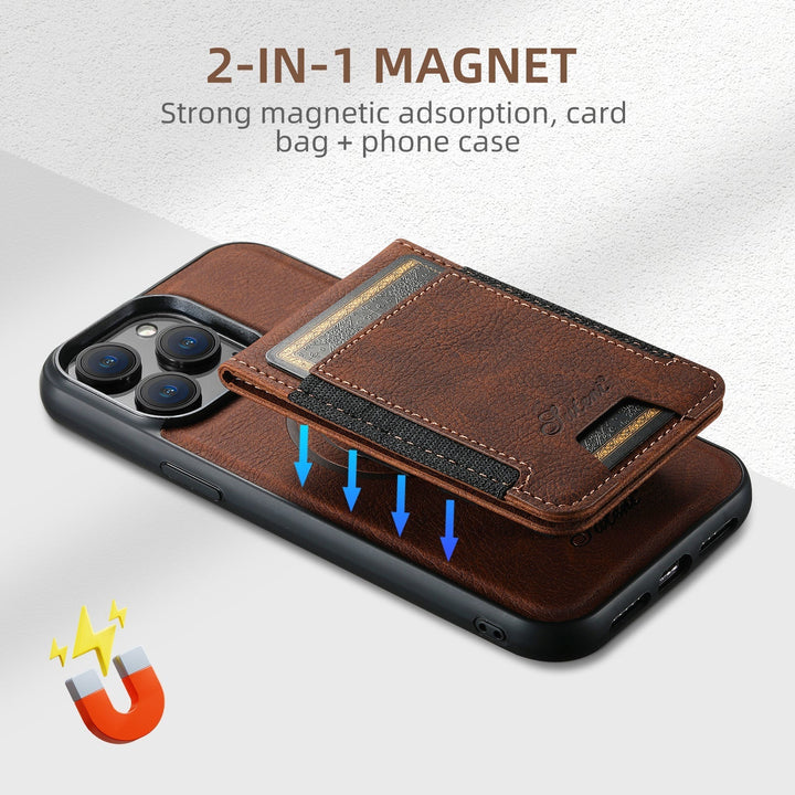 New iPhone case in premium brown leather, features a card slot and built-in magnetic kickstand