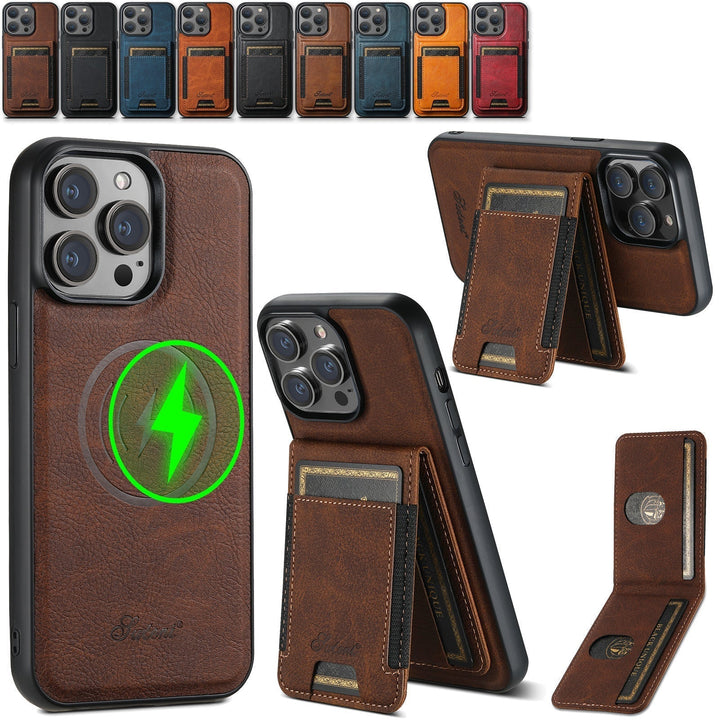 Elegant red leather iPhone case offering secure card storage and a convenient magnetic stand