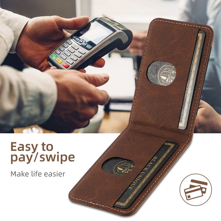 Stylish blue iPhone leather case with card slots, magnetic stand, and full phone protection