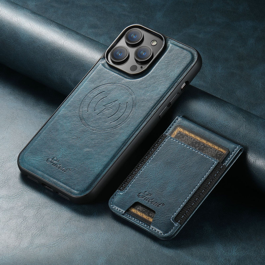 Premium iPhone protective case with integrated card holder, magnetic stand for hands-free viewing