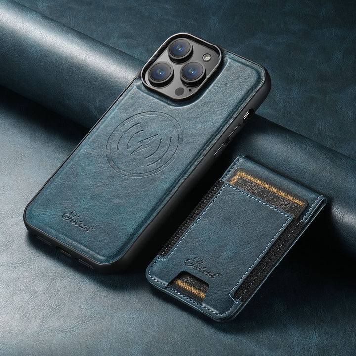 Premium iPhone protective case with integrated card holder, magnetic stand for hands-free viewing
