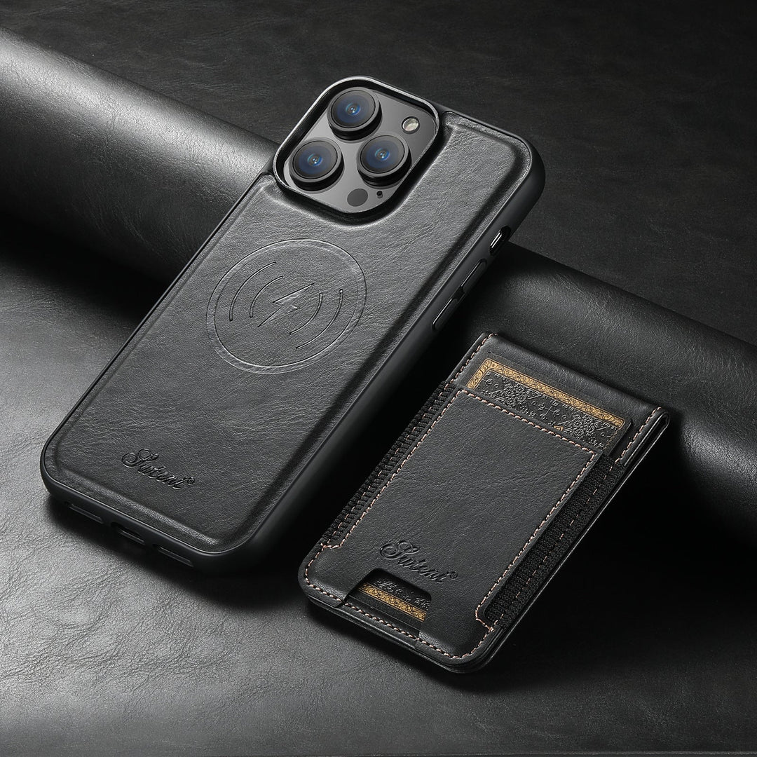 Durable iPhone leather case with card slots and a strong magnetic stand for Apple accessories