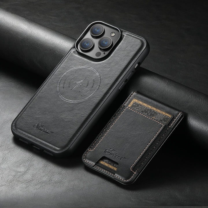 Durable iPhone leather case with card slots and a strong magnetic stand for Apple accessories