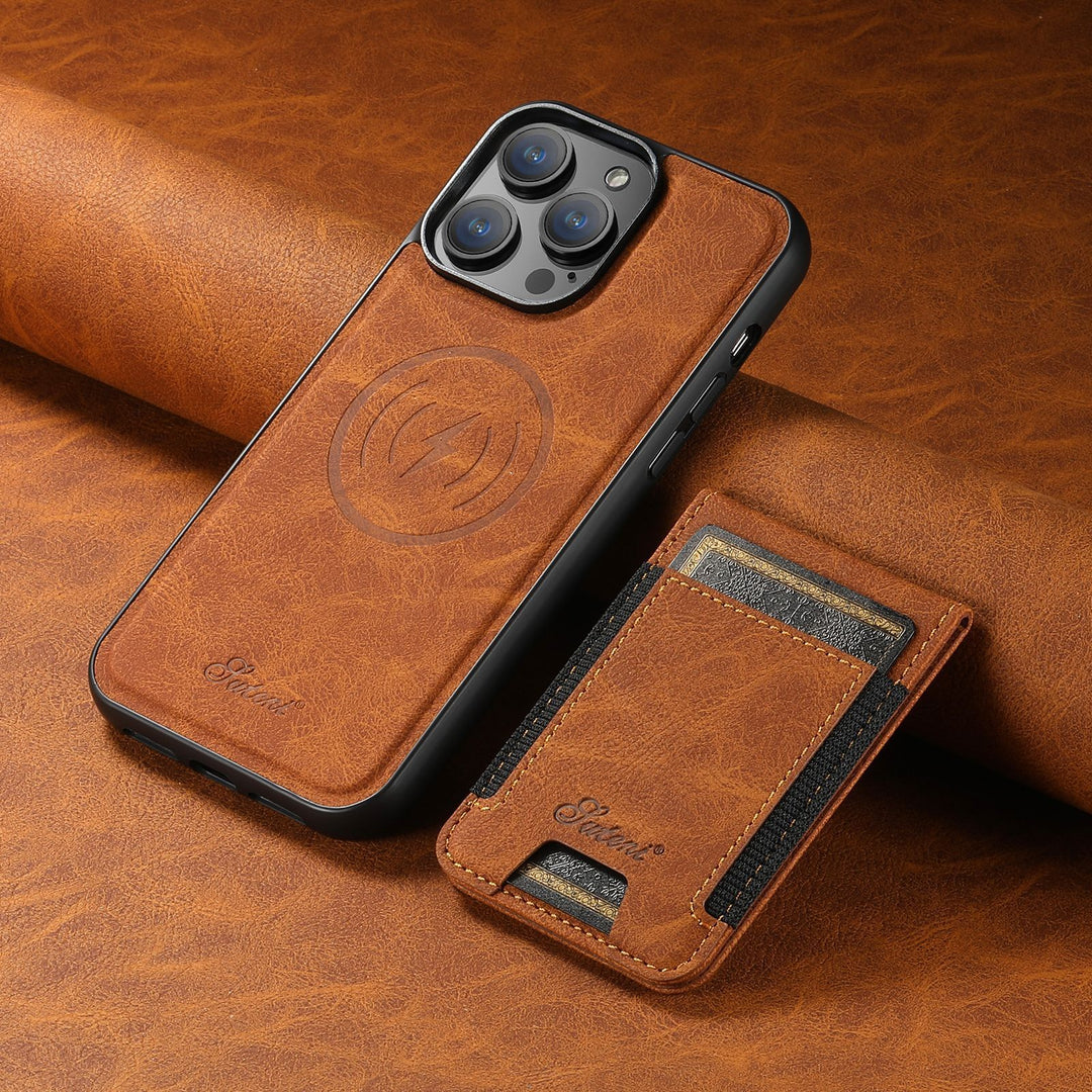 New luxury iPhone case, dark leather finish, practical card holder, and magnetic stand function