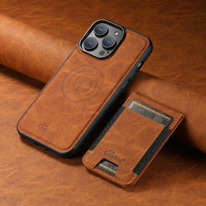 New luxury iPhone case, dark leather finish, practical card holder, and magnetic stand function