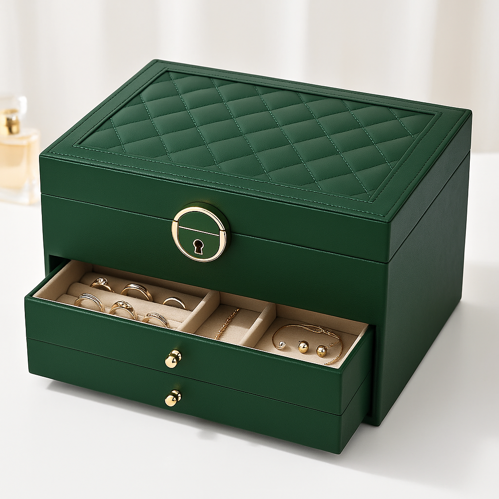 Luxury multi-layer jewellery organiser for women, compact storage box with drawers & lock for accessories.
